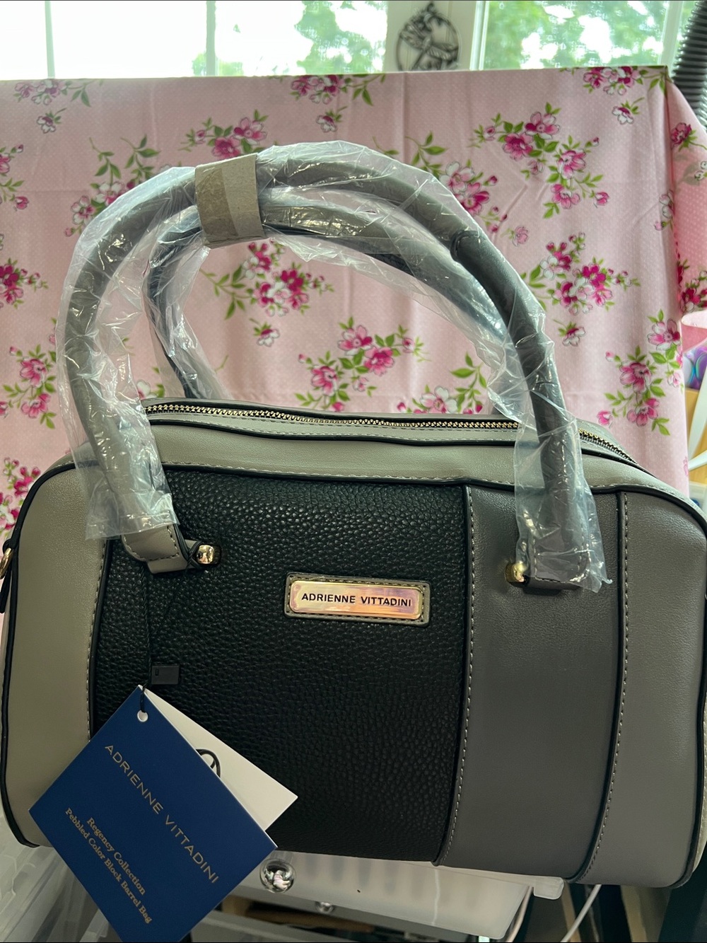 Adrienne Vittadini Black and Light Gray Pebbled Satchel
